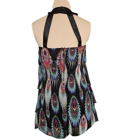 XXI Peacock Layered Tunic Beaded High Neck Top Small Fairy Retro Glam Feather - Picture 2 of 14